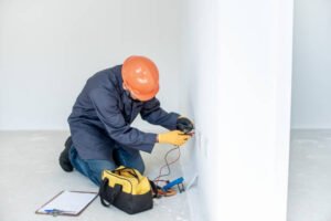 A man wearing a hard hat and safety glasses is actively working on a wall, showcasing the expertise of a home improvement handyman in Phoenix.