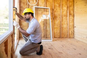 A man wearing a hard hat and yellow safety glasses repairs a window, showcasing the skills of a home improvement handyman in Phoenix.