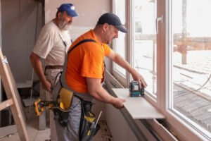 Two men providing handyman services for door and window framing in Huntington Beach, carefully installing a window with tools and materials around them.